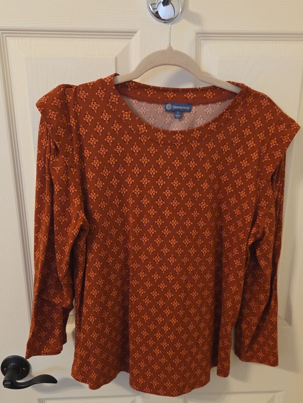Democracy Rust Orange Geometric Diamond Long Sleeve Top